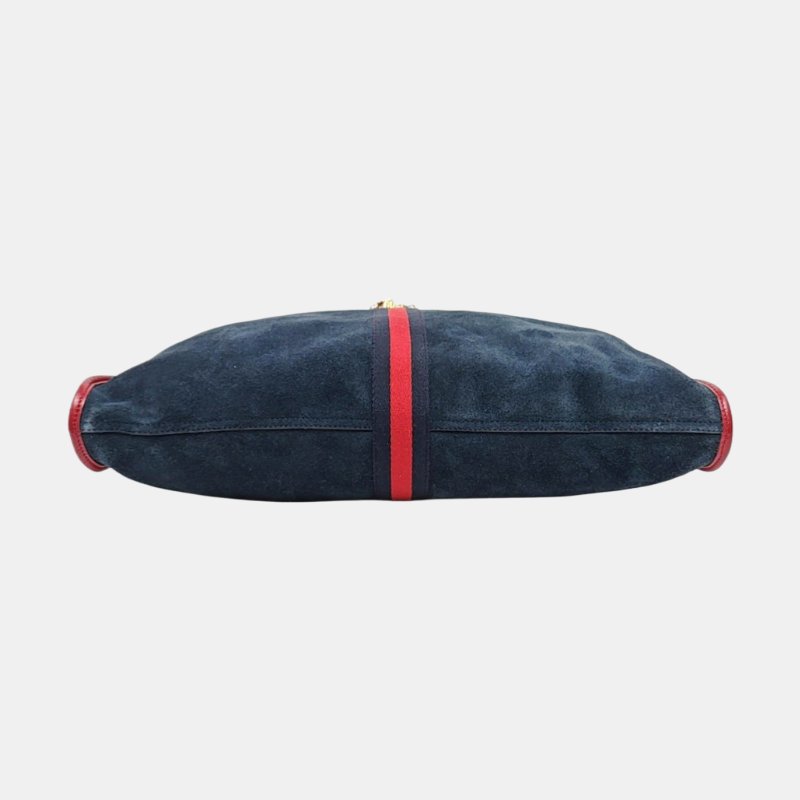 GUCCI Rajah大號深藍色絨面革條紋織帶虎頭單肩包手提包金色五金子袋2條可拆卸肩帶-5