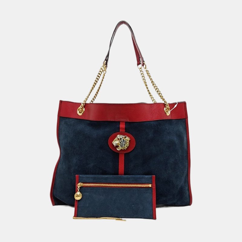 GUCCI Rajah大號深藍色絨面革條紋織帶虎頭單肩包手提包金色五金子袋2條可拆卸肩帶-7