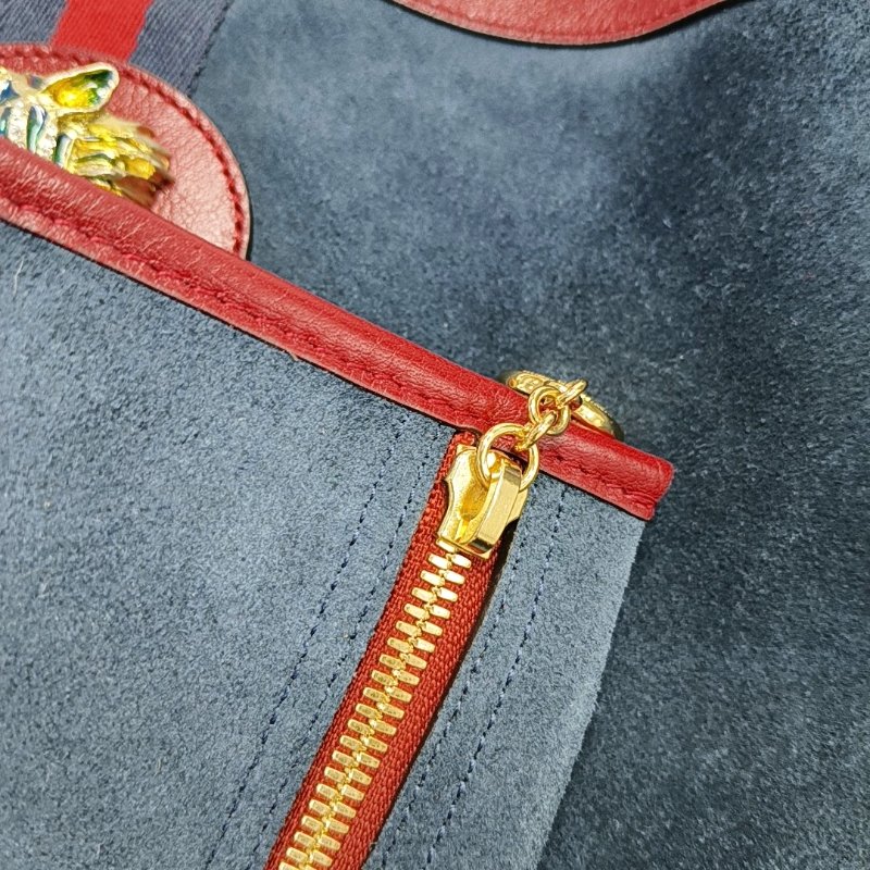 GUCCI Rajah大號深藍色絨面革條紋織帶虎頭單肩包手提包金色五金子袋2條可拆卸肩帶-14