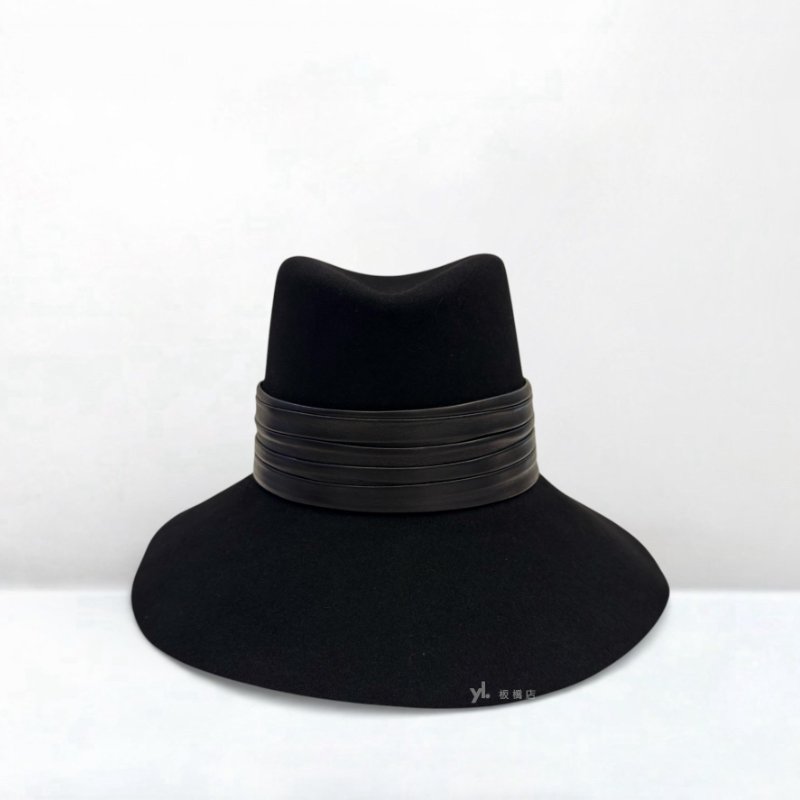 YSL帽子 Nina黑色皮革飾邊棉氈紳士帽-0