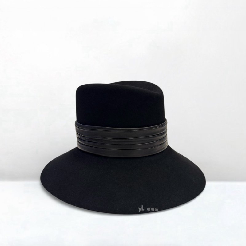 YSL帽子 Nina黑色皮革飾邊棉氈紳士帽-1