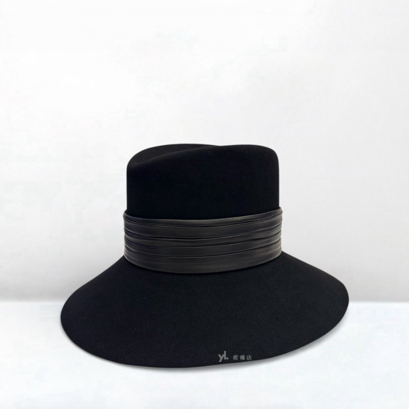 YSL帽子 Nina黑色皮革飾邊棉氈紳士帽-2