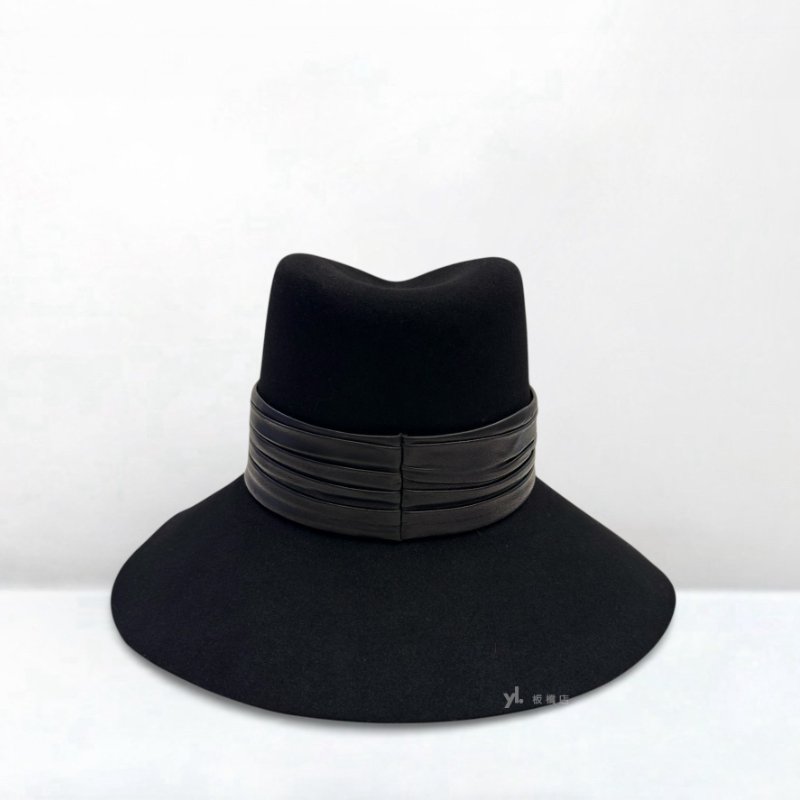 YSL帽子 Nina黑色皮革飾邊棉氈紳士帽-3