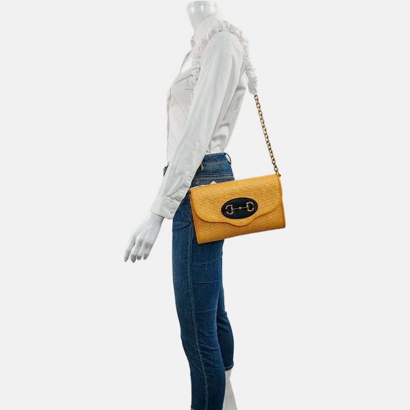 GUCCI Horsebit 1955小號黃色織物馬銜扣單肩包斜挎包金色五金可拆卸肩帶9.8新-1