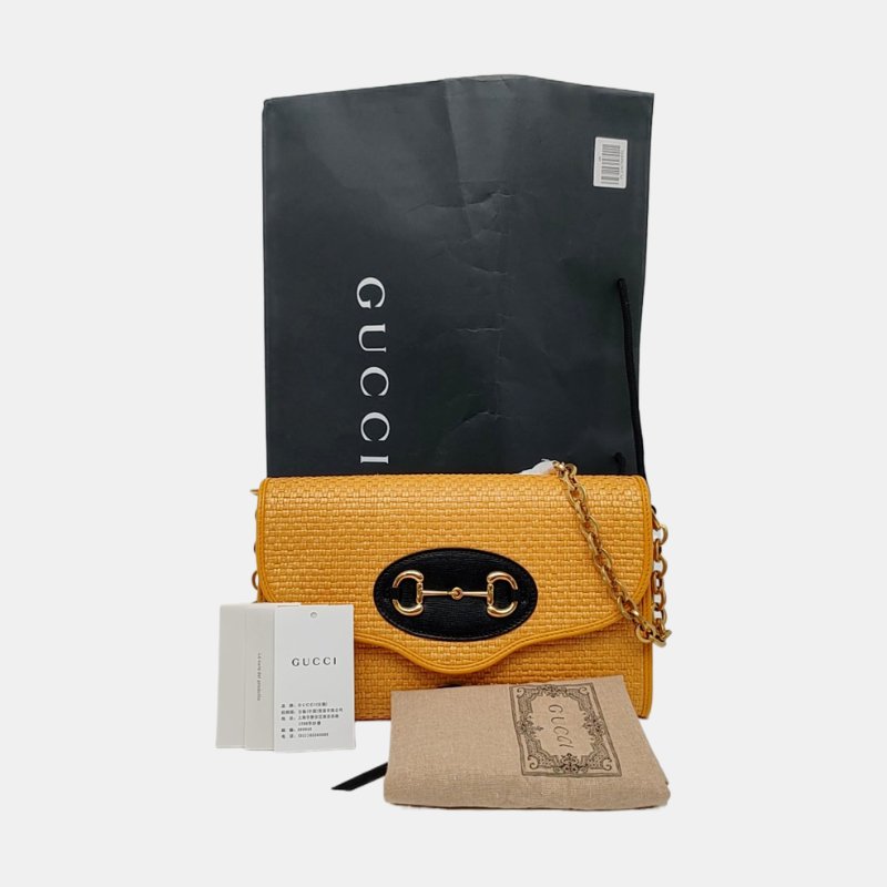GUCCI Horsebit 1955小號黃色織物馬銜扣單肩包斜挎包金色五金可拆卸肩帶9.8新-7