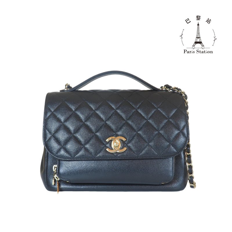 【巴黎站二手名牌專賣店】*現貨*CHANEL 香奈兒 真品* 黑色荔枝皮革淡金雙C大郵差包 手提兩用包-0