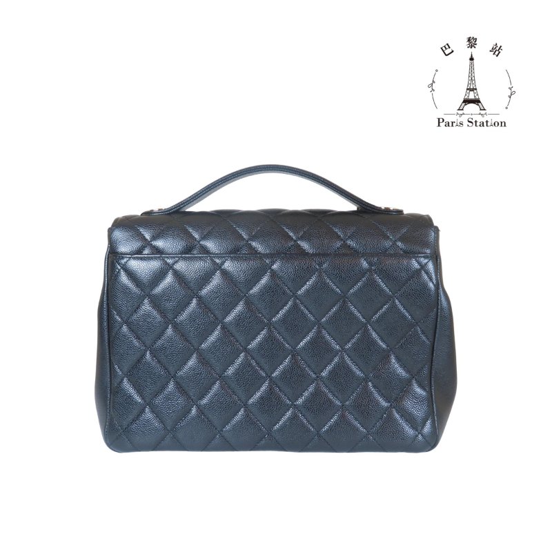 【巴黎站二手名牌專賣店】*現貨*CHANEL 香奈兒 真品* 黑色荔枝皮革淡金雙C大郵差包 手提兩用包-1