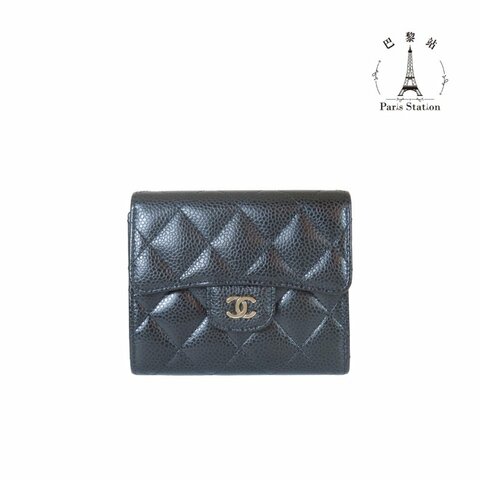 【巴黎站二手名牌專賣店】＊現貨＊CHANEL香奈兒真品＊黑色菱格紋荔枝皮革銀雙C三折短夾