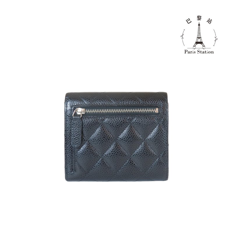 【巴黎站二手名牌專賣店】*現貨*CHANEL香奈兒真品*黑色菱格紋荔枝皮革銀雙C三折短夾-1