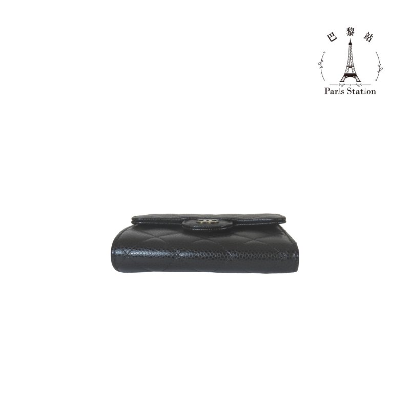 【巴黎站二手名牌專賣店】*現貨*CHANEL香奈兒真品*黑色菱格紋荔枝皮革銀雙C三折短夾-2