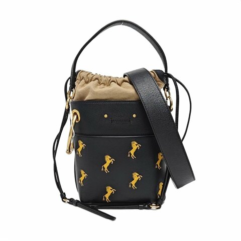 Chloe Roy黑色牛皮刺繡單肩包斜挎包手提包金色五金可拆卸肩帶