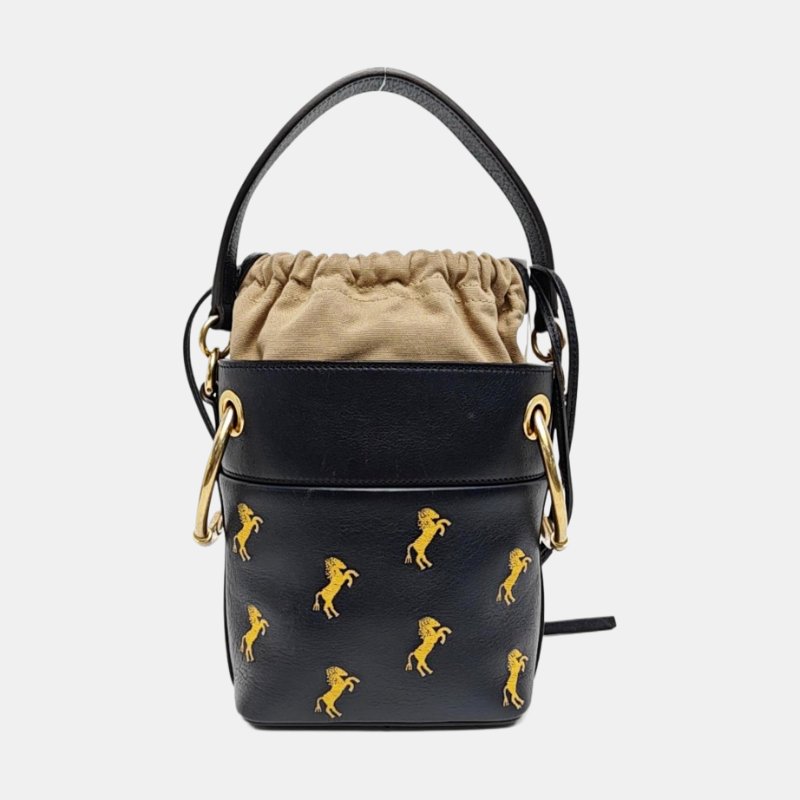 Chloe Roy黑色牛皮刺繡單肩包斜挎包手提包金色五金可拆卸肩帶-4