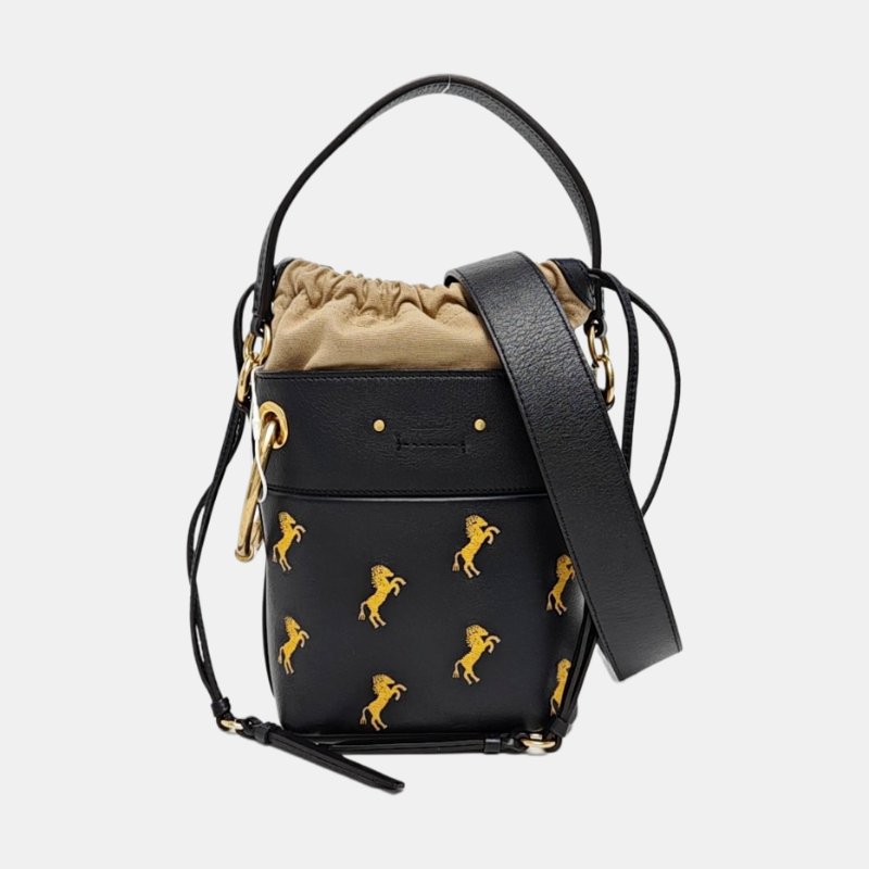 Chloe Roy黑色牛皮刺繡單肩包斜挎包手提包金色五金可拆卸肩帶-7