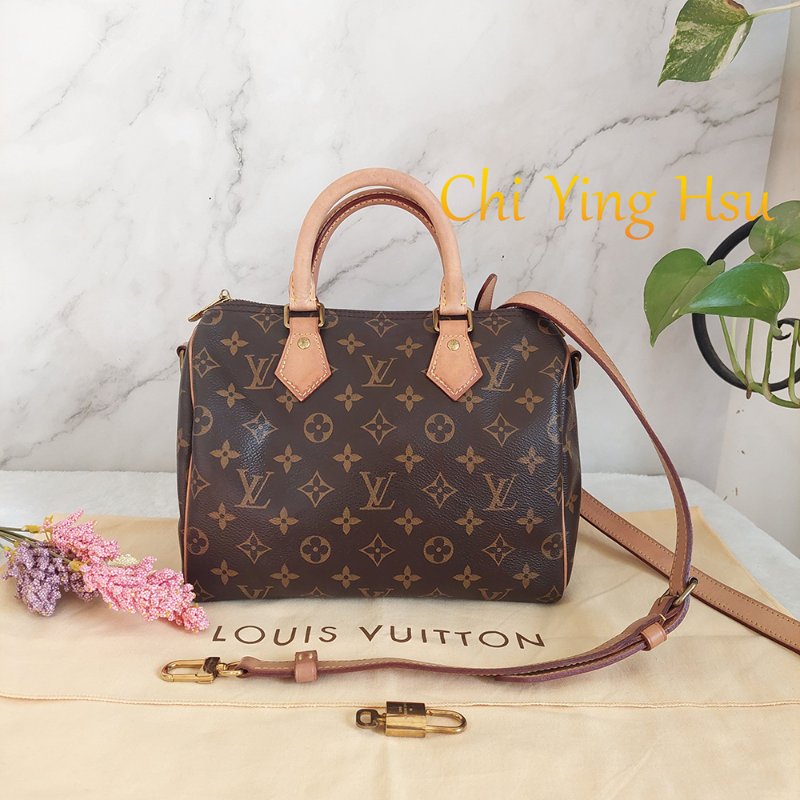 LV 🎀現品拍照🎀speedy25cm (有背帶款) 荖花波士頓包~二手-0