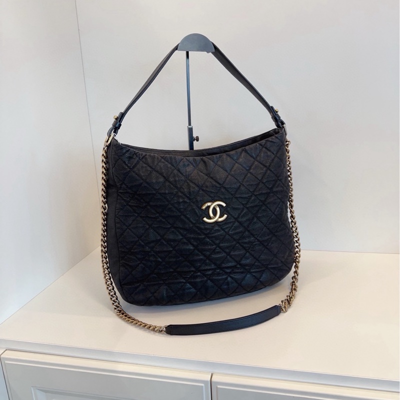 【98新🆕】Chanel 黑金魚子醬嬉皮士雙鏈Hobo 單肩包-0
