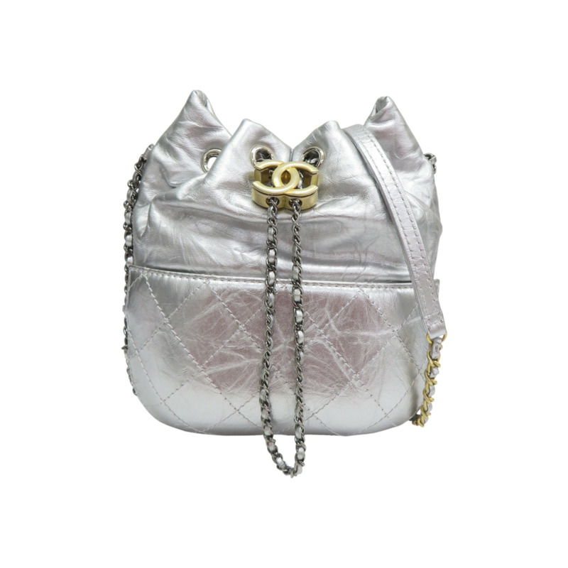 銀色 菱格紋 牛皮 拼接 鏈帶水桶包 肩背包【CHANEL 香奈兒】 A98787-0