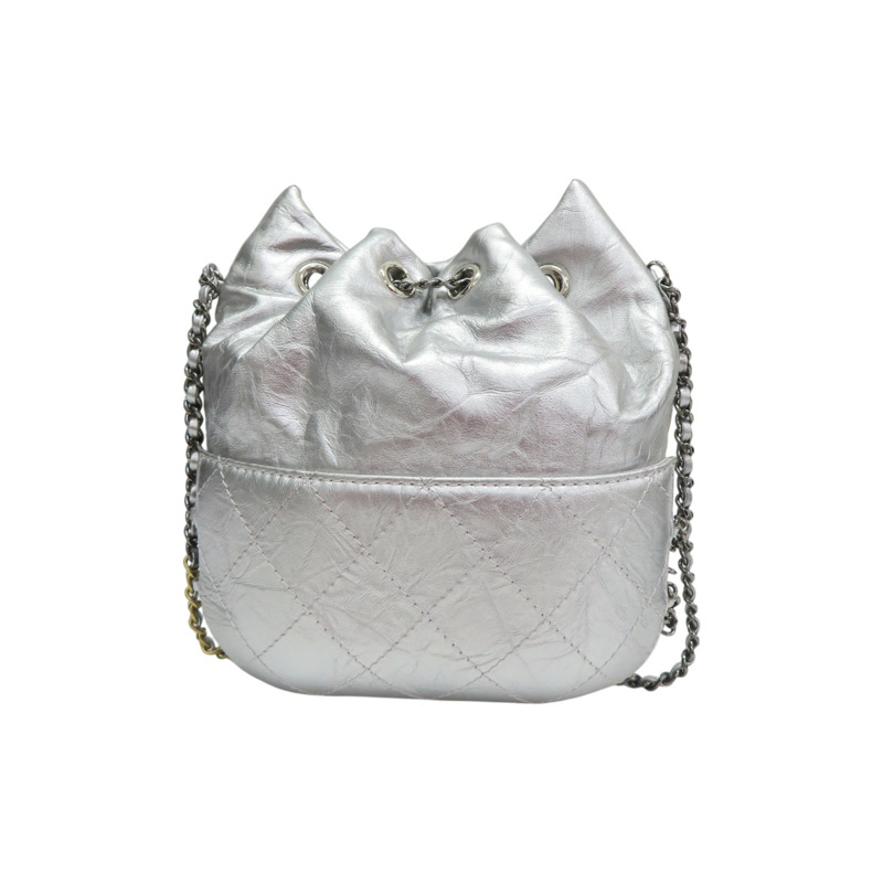 銀色 菱格紋 牛皮 拼接 鏈帶水桶包 肩背包【CHANEL 香奈兒】 A98787-1