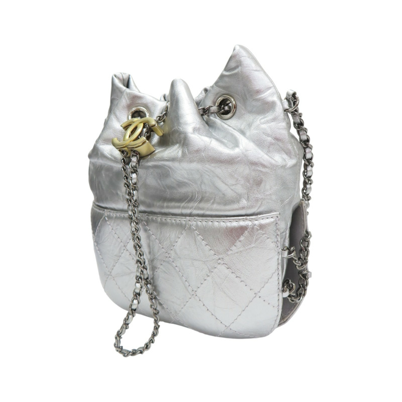 銀色 菱格紋 牛皮 拼接 鏈帶水桶包 肩背包【CHANEL 香奈兒】 A98787-2