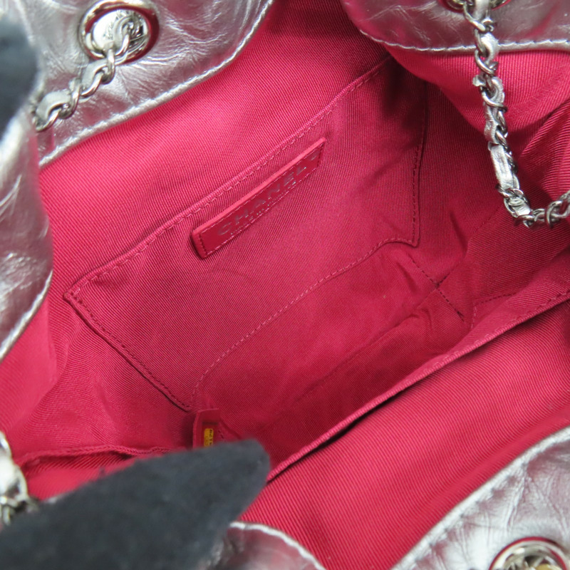 銀色 菱格紋 牛皮 拼接 鏈帶水桶包 肩背包【CHANEL 香奈兒】 A98787-6