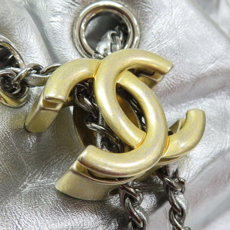 銀色 菱格紋 牛皮 拼接 鏈帶水桶包 肩背包【CHANEL 香奈兒】 A98787-16
