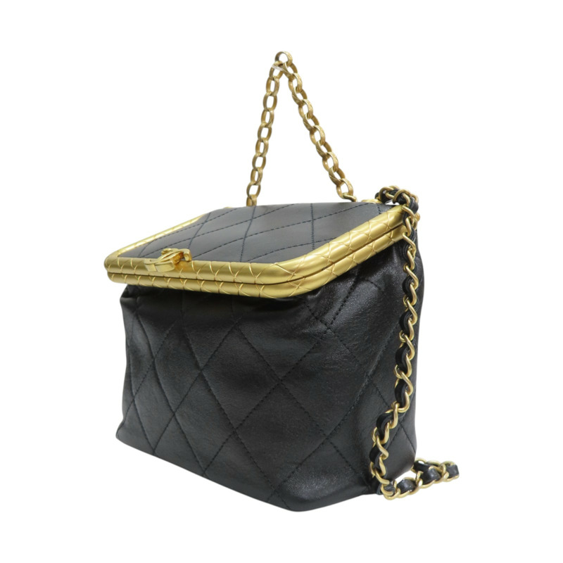 黑色 牛皮 黑盒包 鏈帶肩背帶 兩用包 金釦【CHANEL 香奈兒】-2