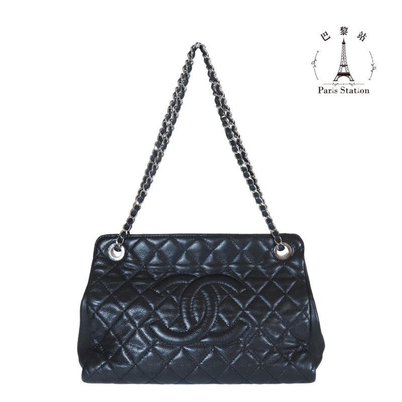 【巴黎站二手名牌專賣店】＊現貨＊CHANEL 香奈兒 真品* 黑色菱格紋荔枝牛皮雙C LOGO橫式鍊肩背包-0