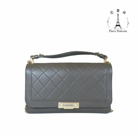 【巴黎站二手名牌專賣店】＊現貨＊CHANEL 香奈兒 真品* 橄欖綠前金牌掀蓋釦式手提兩用鏈包