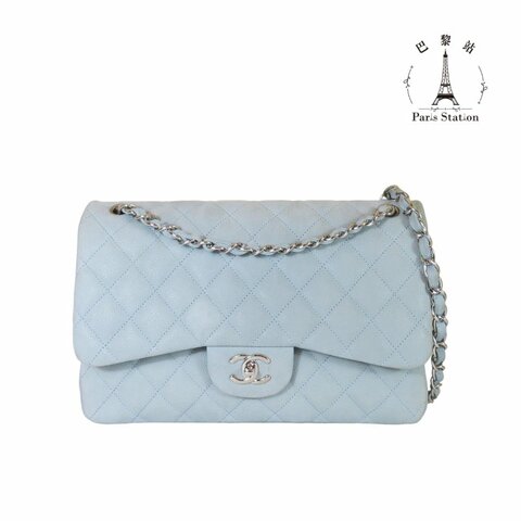 【巴黎站二手名牌專賣店】＊現貨＊CHANEL香奈兒真品＊灰色菱格紋荔枝皮革JUMBO銀雙C 斜背肩背鍊包