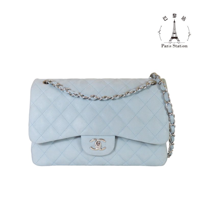 【巴黎站二手名牌專賣店】*現貨*CHANEL香奈兒真品*灰色菱格紋荔枝皮革JUMBO銀雙C 斜背肩背鍊包-0