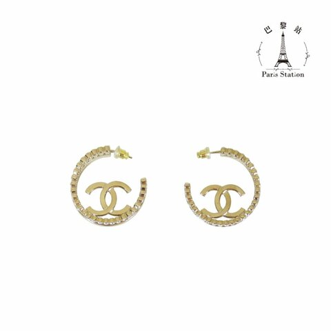 【巴黎站二手名牌專賣店】＊現貨＊CHANEL 香奈兒 真品＊淡金色雙C鑲鑽圈形針式耳環