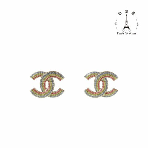 【巴黎站二手名牌專賣店】＊現貨＊CHANEL 香奈兒 真品＊三色鑽淡金雙C針式耳環
