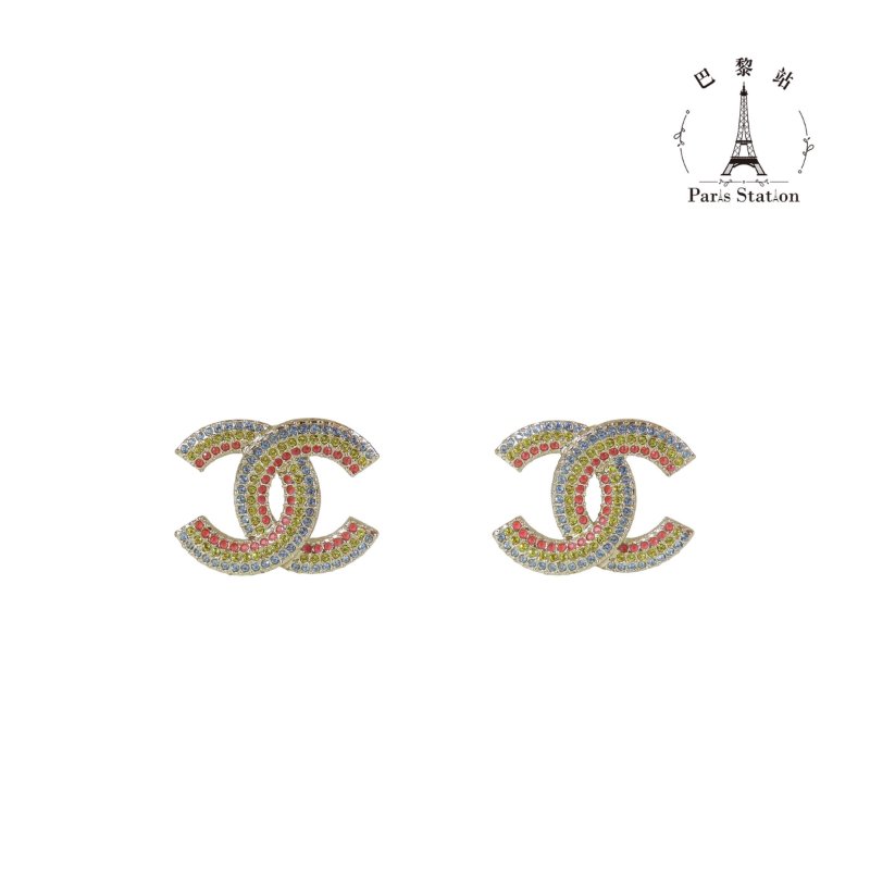 【巴黎站二手名牌專賣店】*現貨*CHANEL 香奈兒 真品*三色鑽淡金雙C針式耳環-0