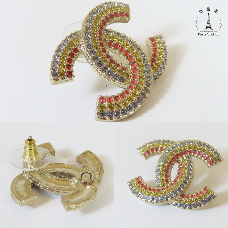 【巴黎站二手名牌專賣店】*現貨*CHANEL 香奈兒 真品*三色鑽淡金雙C針式耳環-4