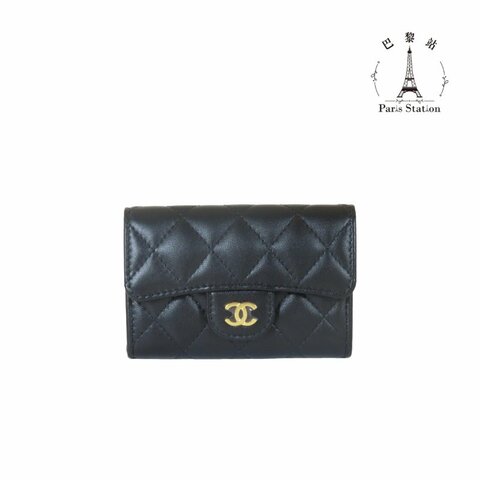 【巴黎站二手名牌專賣】＊現貨＊CHANEL 香奈兒 真品＊黑色菱格紋皮革金雙C釦式卡片零錢包