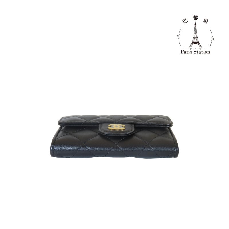 【巴黎站二手名牌專賣】＊現貨＊CHANEL 香奈兒 真品＊黑色菱格紋皮革金雙C釦式卡片零錢包-2