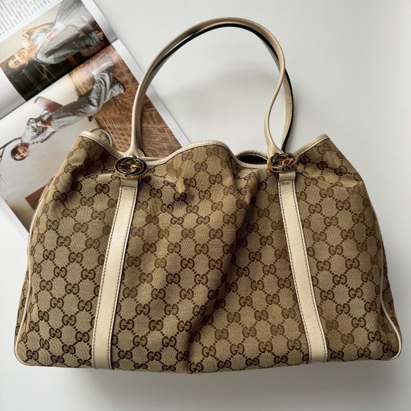 GUCCI 咖色緹花米白邊超大容量 肩背包 購物包-0