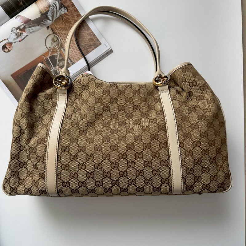 GUCCI 咖色緹花米白邊超大容量 肩背包 購物包-1