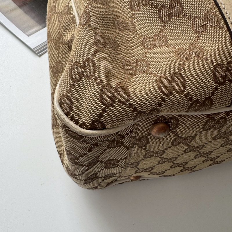 GUCCI 咖色緹花米白邊超大容量 肩背包 購物包-2