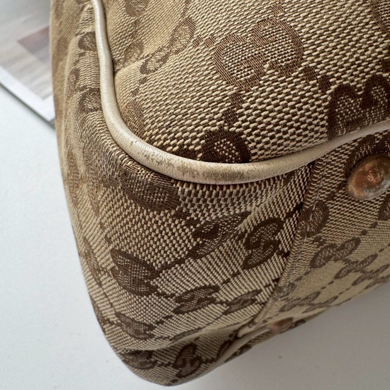 GUCCI 咖色緹花米白邊超大容量 肩背包 購物包-4