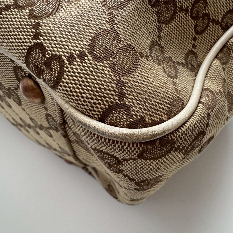 GUCCI 咖色緹花米白邊超大容量 肩背包 購物包-5