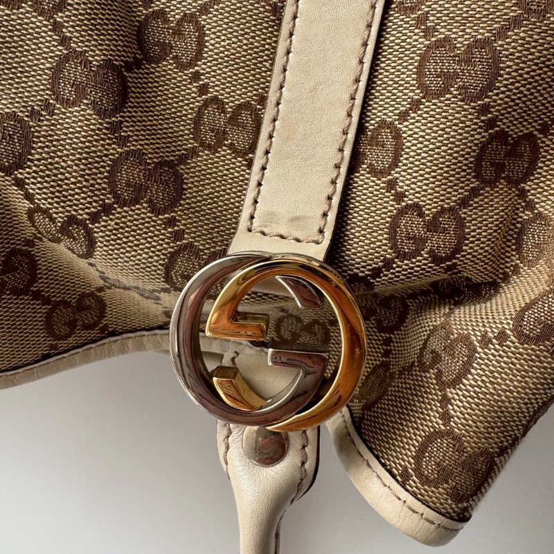 GUCCI 咖色緹花米白邊超大容量 肩背包 購物包-9