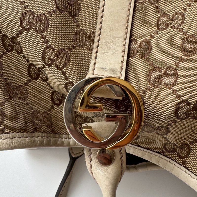 GUCCI 咖色緹花米白邊超大容量 肩背包 購物包-10