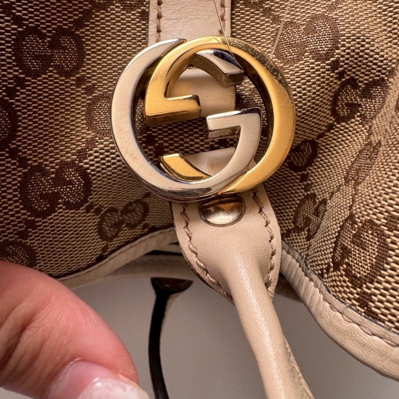 GUCCI 咖色緹花米白邊超大容量 肩背包 購物包-11