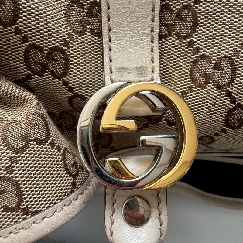 GUCCI 咖色緹花米白邊超大容量 肩背包 購物包-12