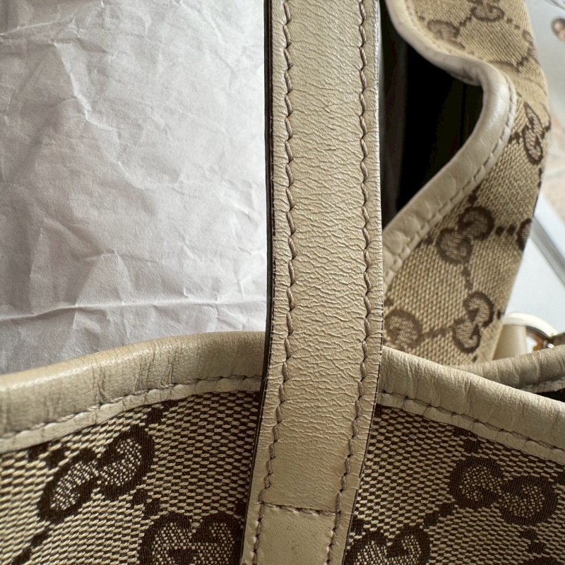 GUCCI 咖色緹花米白邊超大容量 肩背包 購物包-15