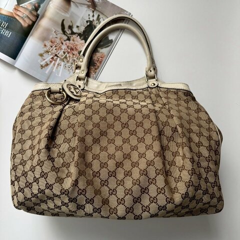 GUCCI 咖啡色緹花米白邊 手提肩背包 購物包