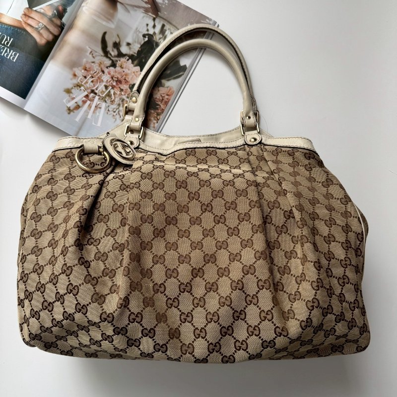 GUCCI 咖啡色緹花米白邊 手提肩背包 購物包-0