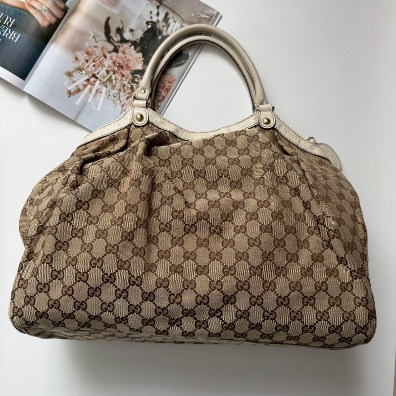 GUCCI 咖啡色緹花米白邊 手提肩背包 購物包-1