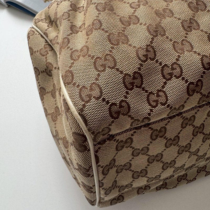 GUCCI 咖啡色緹花米白邊 手提肩背包 購物包-2