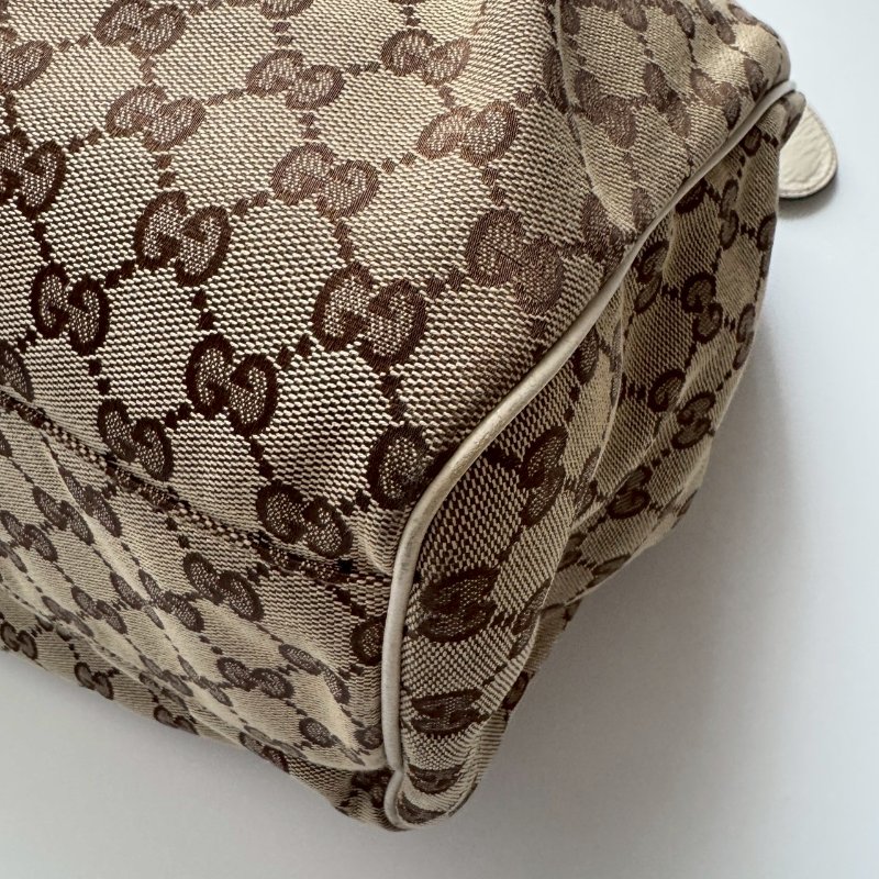 GUCCI 咖啡色緹花米白邊 手提肩背包 購物包-3